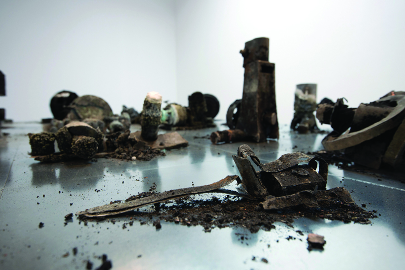 “Automatic Ruin (detail),” zinc etching plates, copper sulphate, galvanized steel. Photo by Paul Litherland.